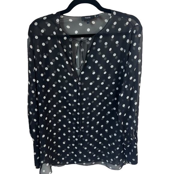 THEORY Petite Polka Dot Black & Cream Sheer Tie Blouse - Picture 11 of 11